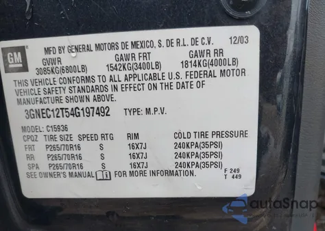 2004 Chevrolet Avalanche 1500 из США, поврежденный, VIN 3GNEC12T54G197492